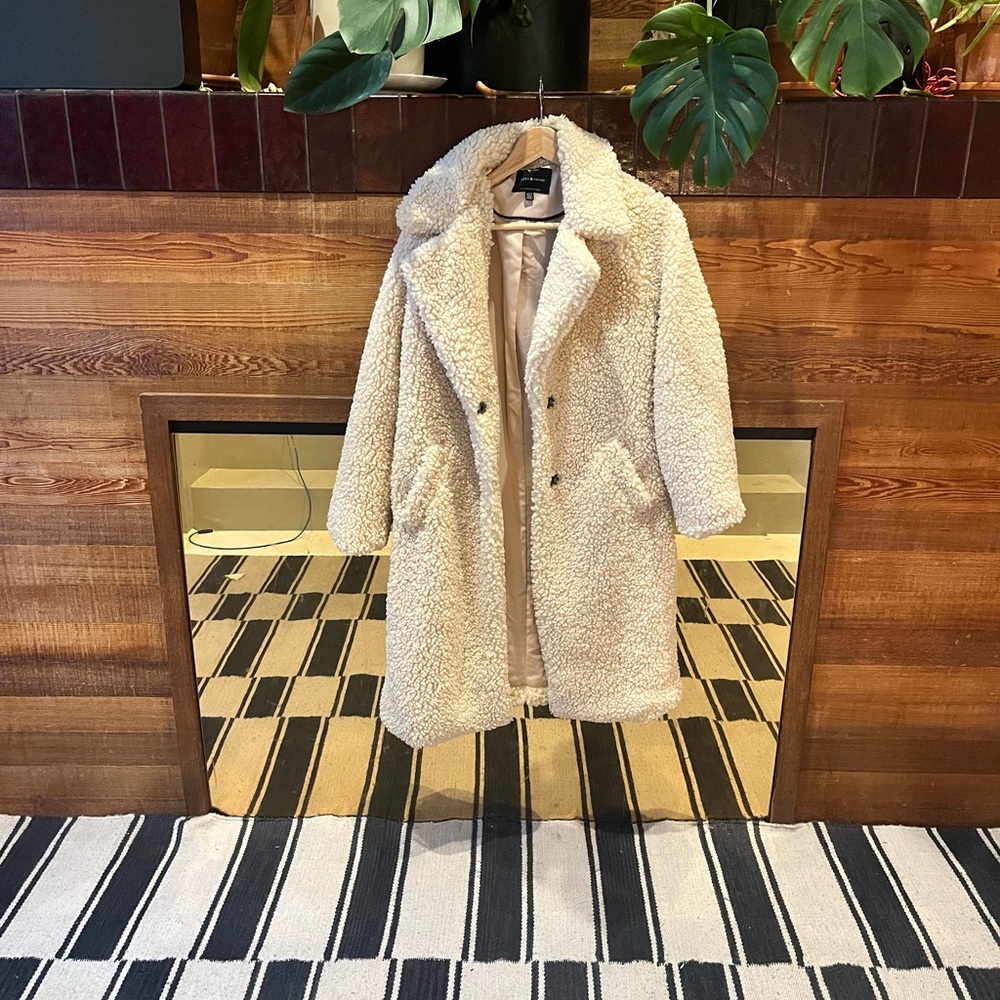 NWT Lucky Brand oatmeal faux shearling snap button coat